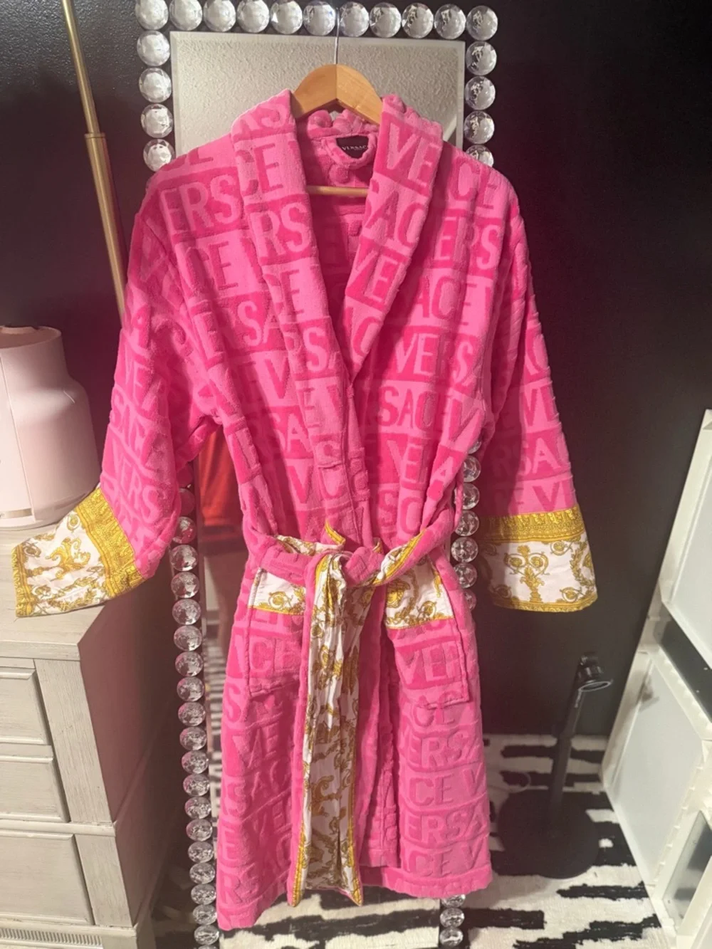 Versace Pink Logo Bathrobe with Gold Baroque Accents